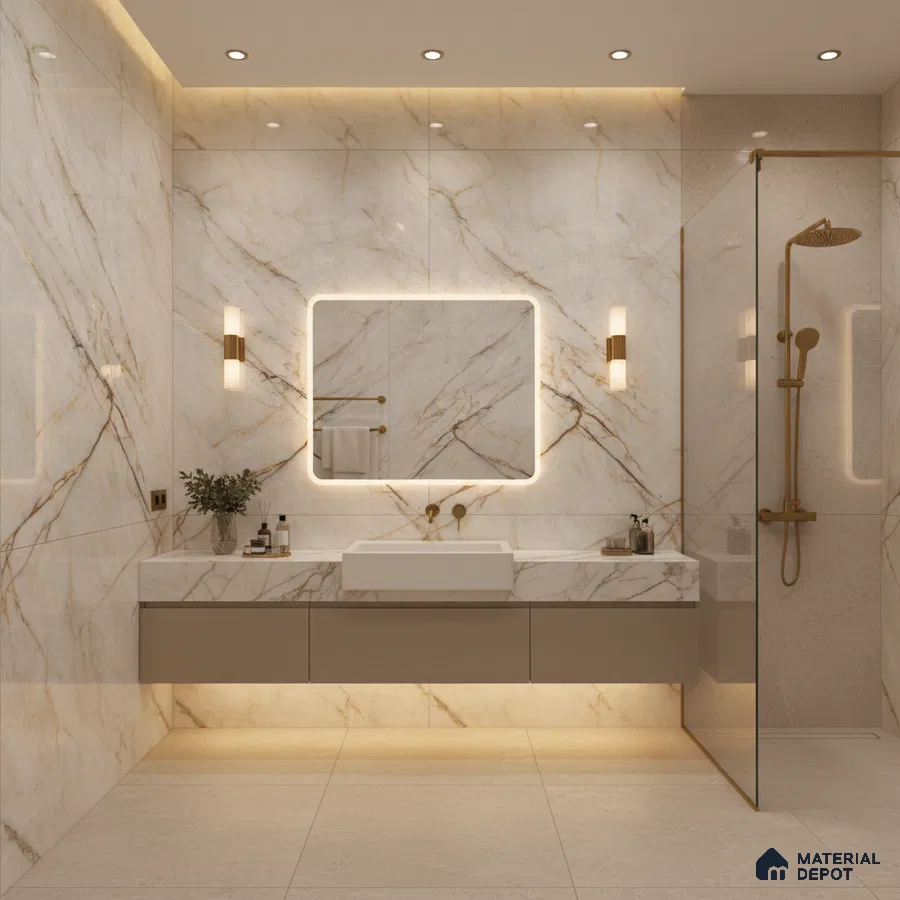 Modern bathroom with statuario marble-look tiles and floating vanity | Material Depot