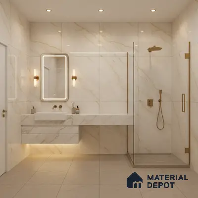 Modern bathroom with statuario marble-look wall tiles and beige matte floor tiles | Material Depot