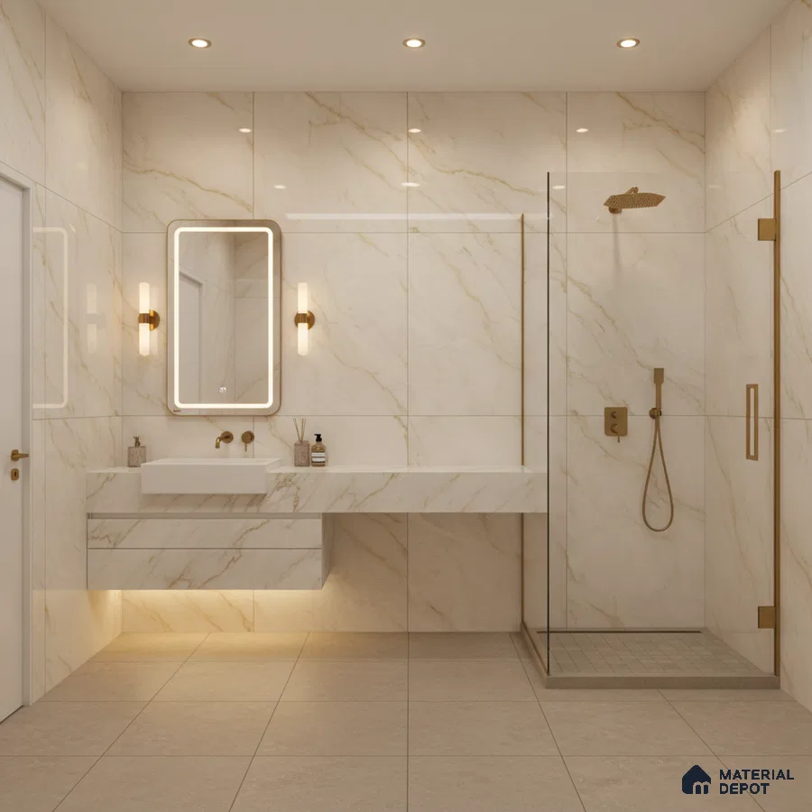 Modern bathroom with statuario marble-look wall tiles and beige matte floor tiles | Material Depot
