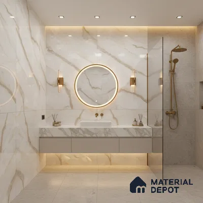 Modern bathroom with statuario marble-look wall tiles and beige stone floor tiles | Material Depot
