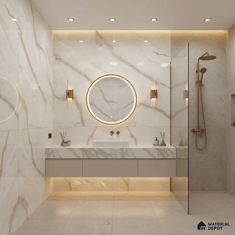Modern bathroom with statuario marble-look wall tiles and beige stone floor tiles | Material Depot