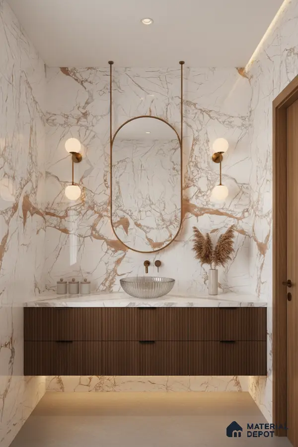 Modern bathroom with statuario marble-look wall tiles and fluted walnut brown vanity | Material Depot