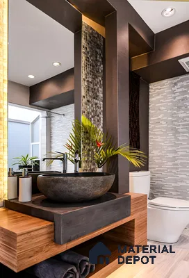 Modern Bathroom with Stone Vessel Sink and Textured Wall Tiles | Material Depot