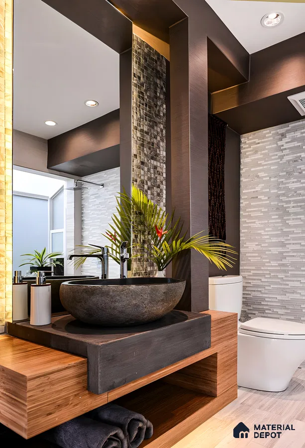 Modern Bathroom with Stone Vessel Sink and Textured Wall Tiles | Material Depot