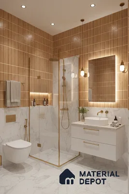 Modern bathroom with tan kitkat wall tiles and white marble-look floor and wall tiles | Material Depot