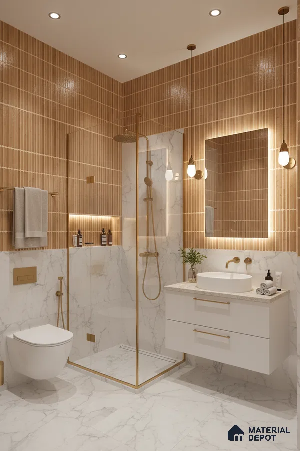 Modern bathroom with tan kitkat wall tiles and white marble-look floor and wall tiles | Material Depot