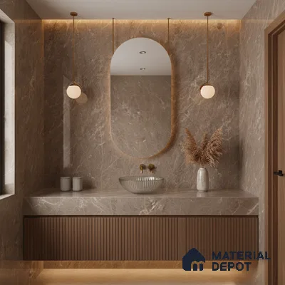 Modern bathroom with taupe marble wall tiles and fluted wood vanity | Material Depot