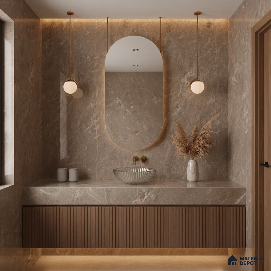 Modern bathroom with taupe marble wall tiles and fluted wood vanity | Material Depot