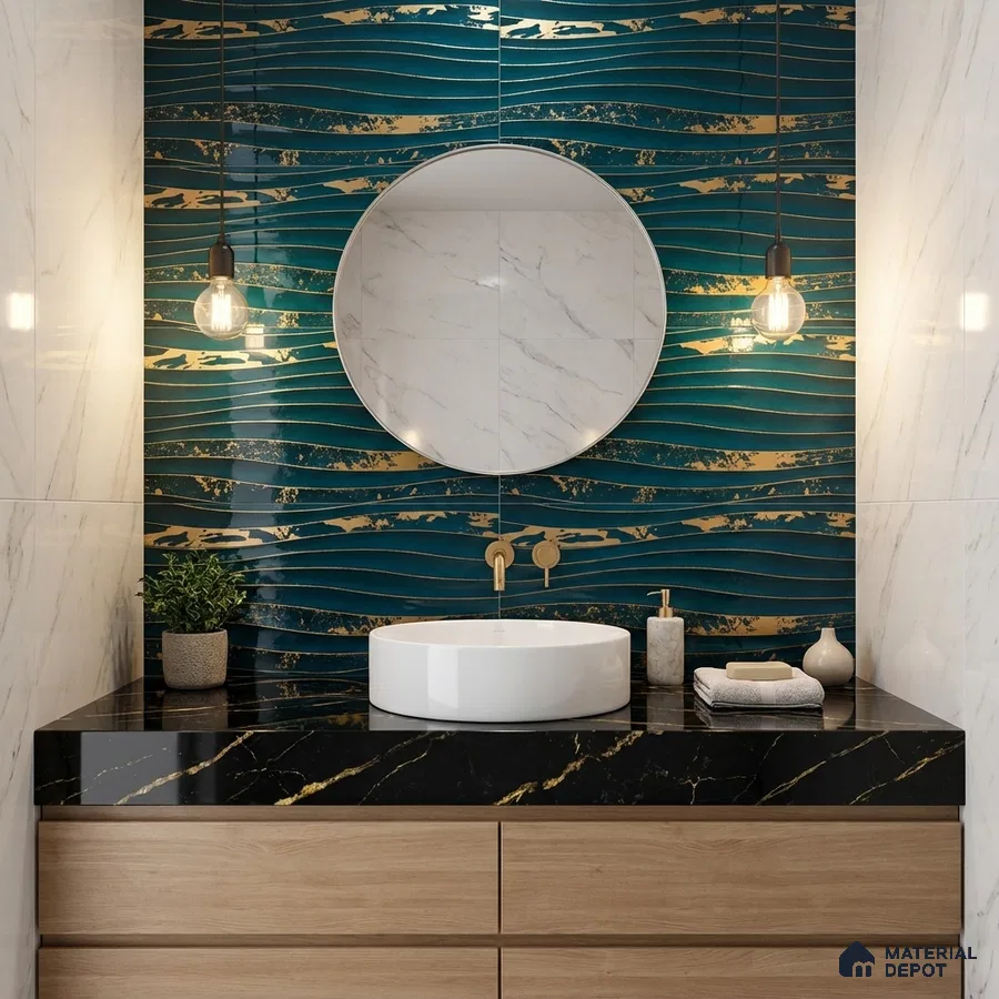 Modern bathroom with teal and gold wave highlighter wall tile, black marble countertop, and light oak vanity