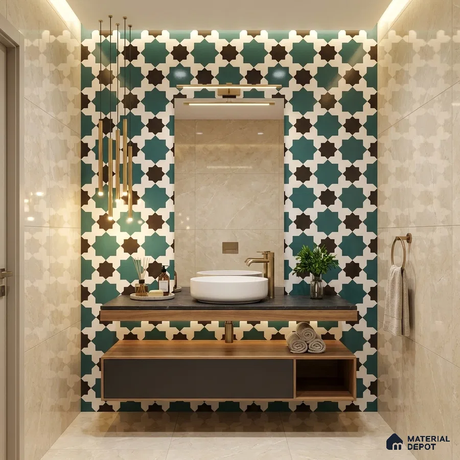 Modern bathroom with teal and white moroccan patterned wall tiles and beige marble look floor tiles