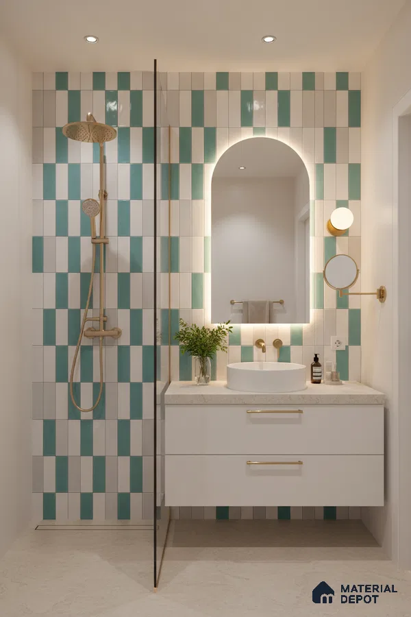 Modern bathroom with teal and white vertical subway wall tiles and stone countertop vanity | Material Depot