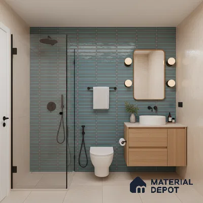 Modern bathroom with teal blue subway wall tiles, light wood floating vanity, and beige floor tiles | Material Depot