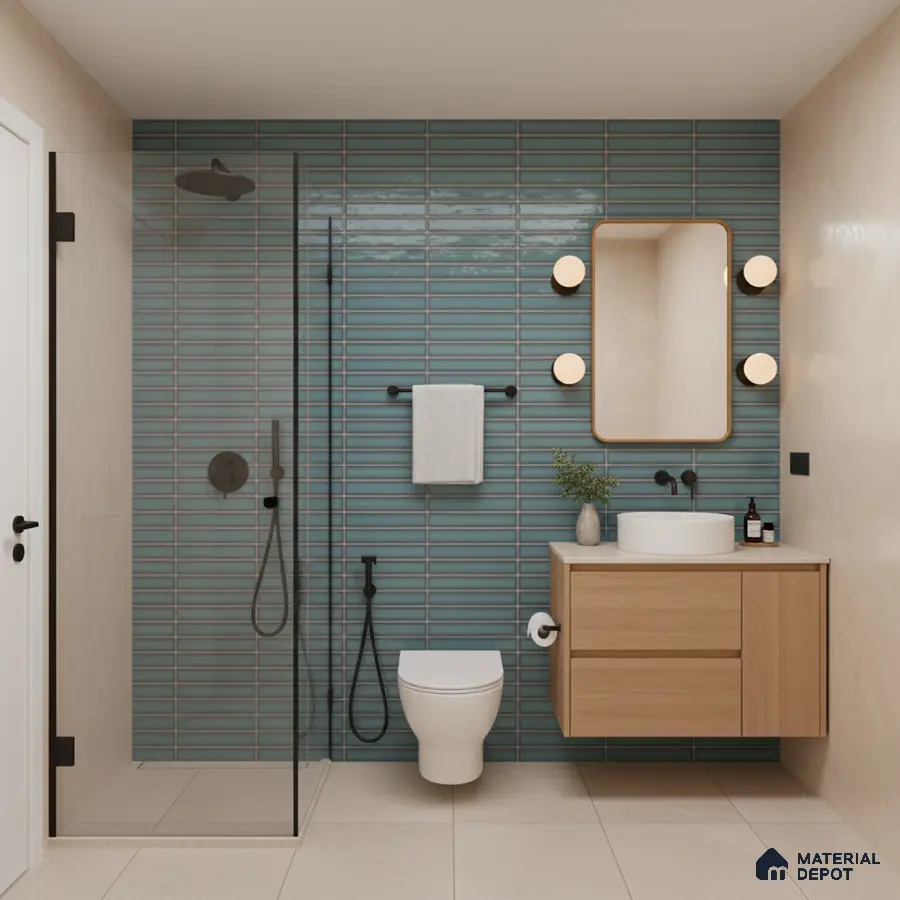 Modern bathroom with teal blue subway wall tiles, light wood floating vanity, and beige floor tiles | Material Depot