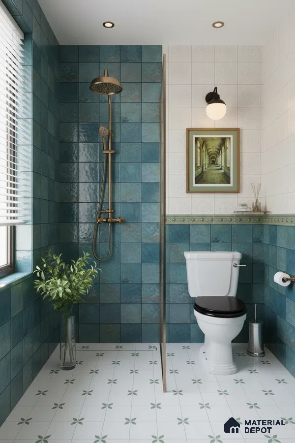 Modern bathroom with teal blue wall tiles and white patterned floor tiles | Material Depot