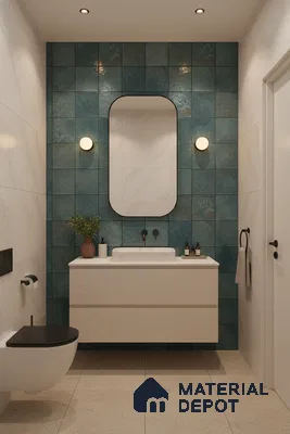 Modern bathroom with teal ceramic wall tiles and white marble-look wall tiles | Material Depot