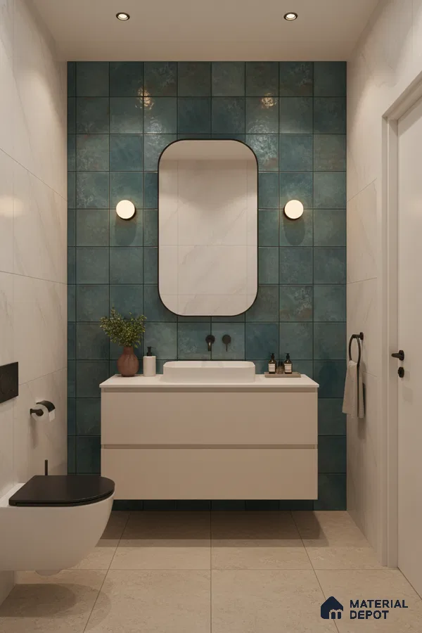 Modern bathroom with teal ceramic wall tiles and white marble-look wall tiles | Material Depot