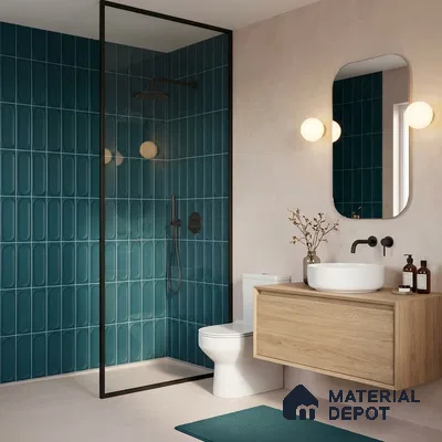 Modern bathroom with teal elongated subway wall tiles and light oak floating vanity