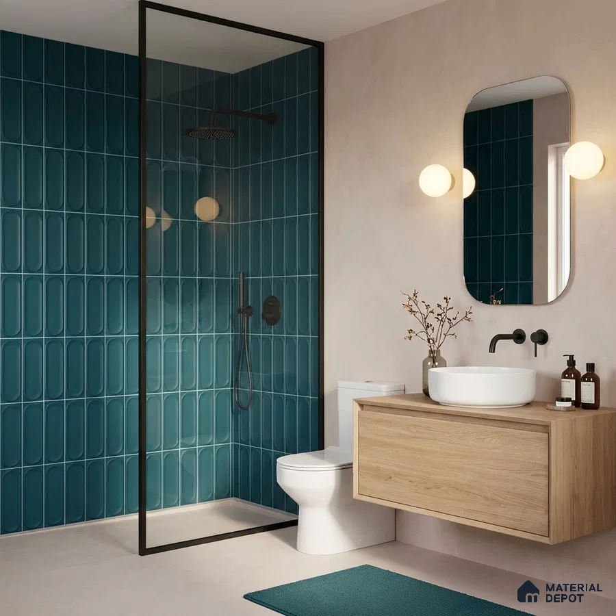 Modern bathroom with teal elongated subway wall tiles and light oak floating vanity