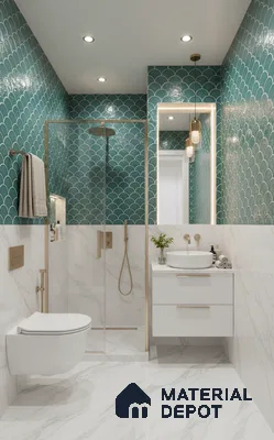 Modern bathroom with teal fish scale wall tiles and white marble-look floor and wall tiles | Material Depot
