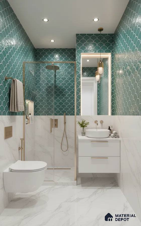 Modern bathroom with teal fish scale wall tiles and white marble-look floor and wall tiles | Material Depot