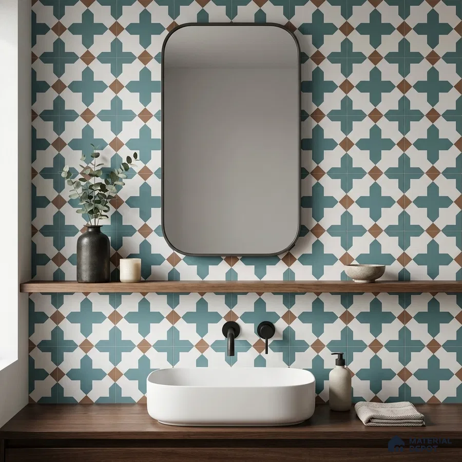 Modern bathroom with teal geometric patterned wall tiles and walnut wood vanity