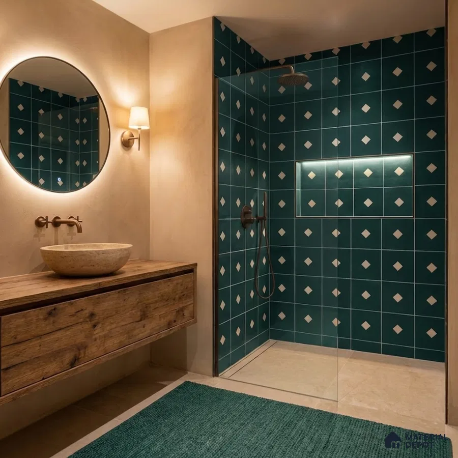 Modern bathroom with teal geometric wall tiles and rustic wood vanity