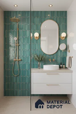 Modern bathroom with teal geometric wall tiles, beige stone countertop, and white floating vanity | Material Depot
