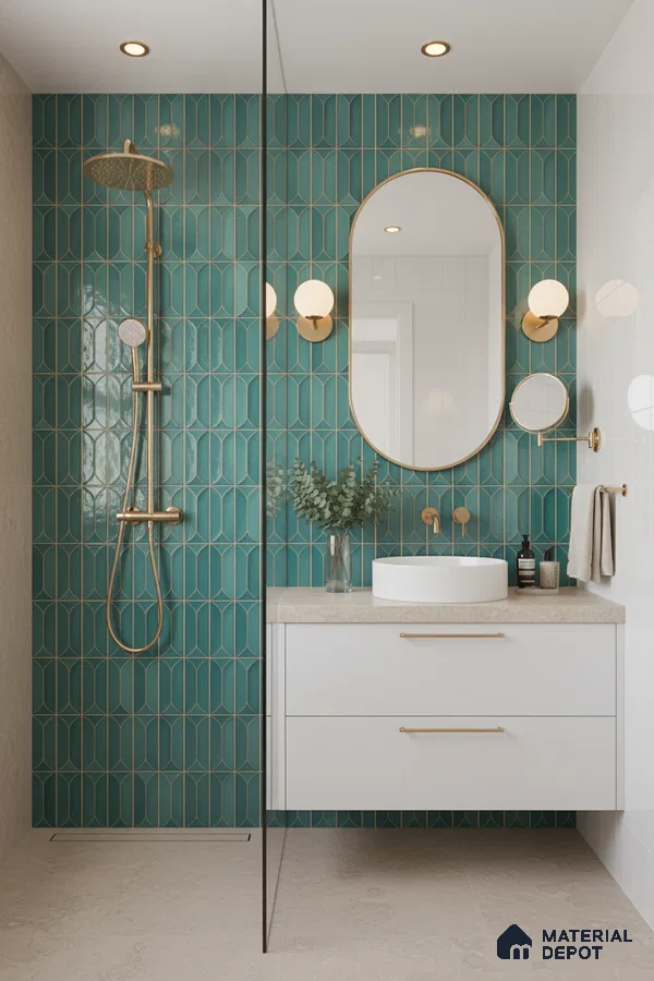 Modern bathroom with teal geometric wall tiles, beige stone countertop, and white floating vanity | Material Depot