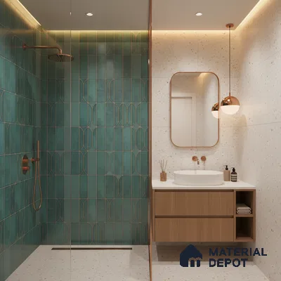 Modern bathroom with teal geometric wall tiles, terrazzo floor and wall tiles, and wood vanity | Material Depot