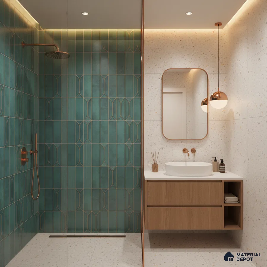 Modern bathroom with teal geometric wall tiles, terrazzo floor and wall tiles, and wood vanity | Material Depot