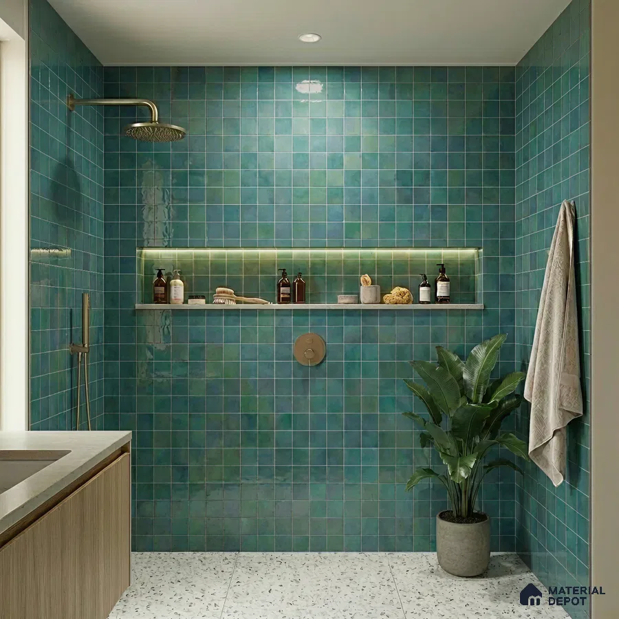 Modern bathroom with teal green square wall tiles and terrazzo floor tiles