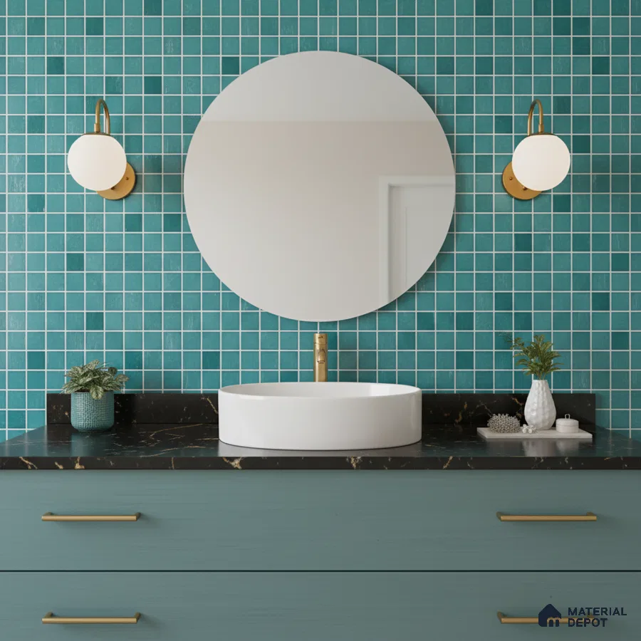 Modern bathroom with teal grid wall tiles, black marble countertop, and blue laminate vanity