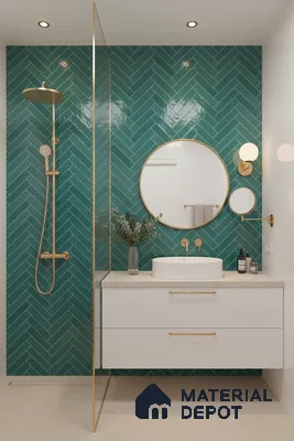 Modern bathroom with teal herringbone subway wall tiles and white floating vanity | Material Depot