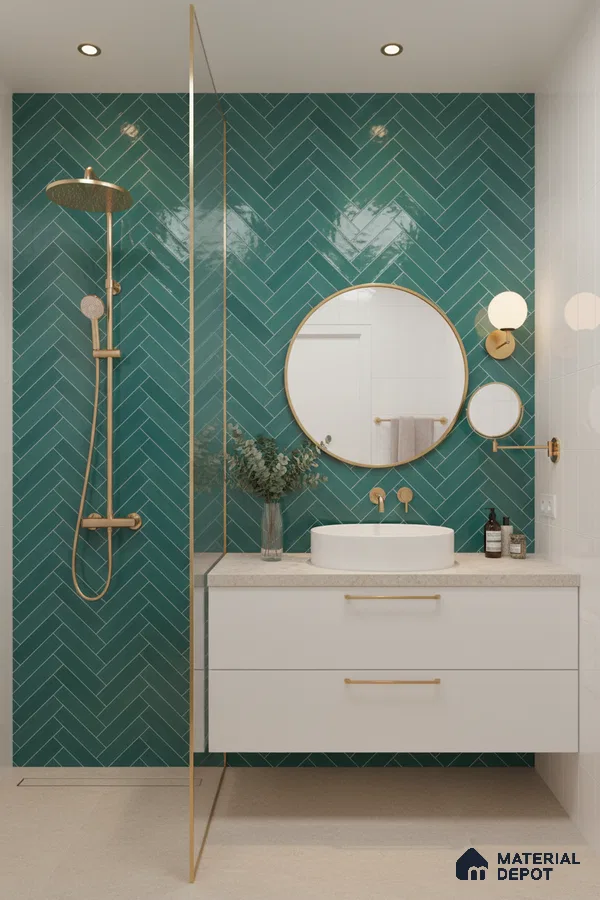 Modern bathroom with teal herringbone subway wall tiles and white floating vanity | Material Depot