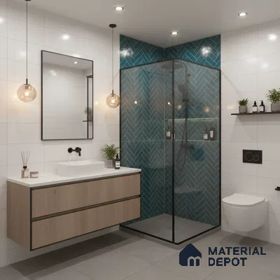 Modern bathroom with teal herringbone subway wall tiles, white wall tiles, and light oak floating vanity | Material Depot