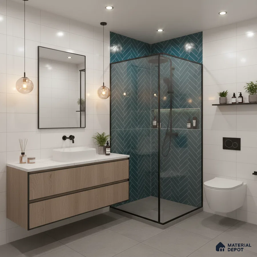 Modern bathroom with teal herringbone subway wall tiles, white wall tiles, and light oak floating vanity | Material Depot