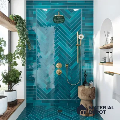 Modern Bathroom with Teal Herringbone Tiles | Material Depot