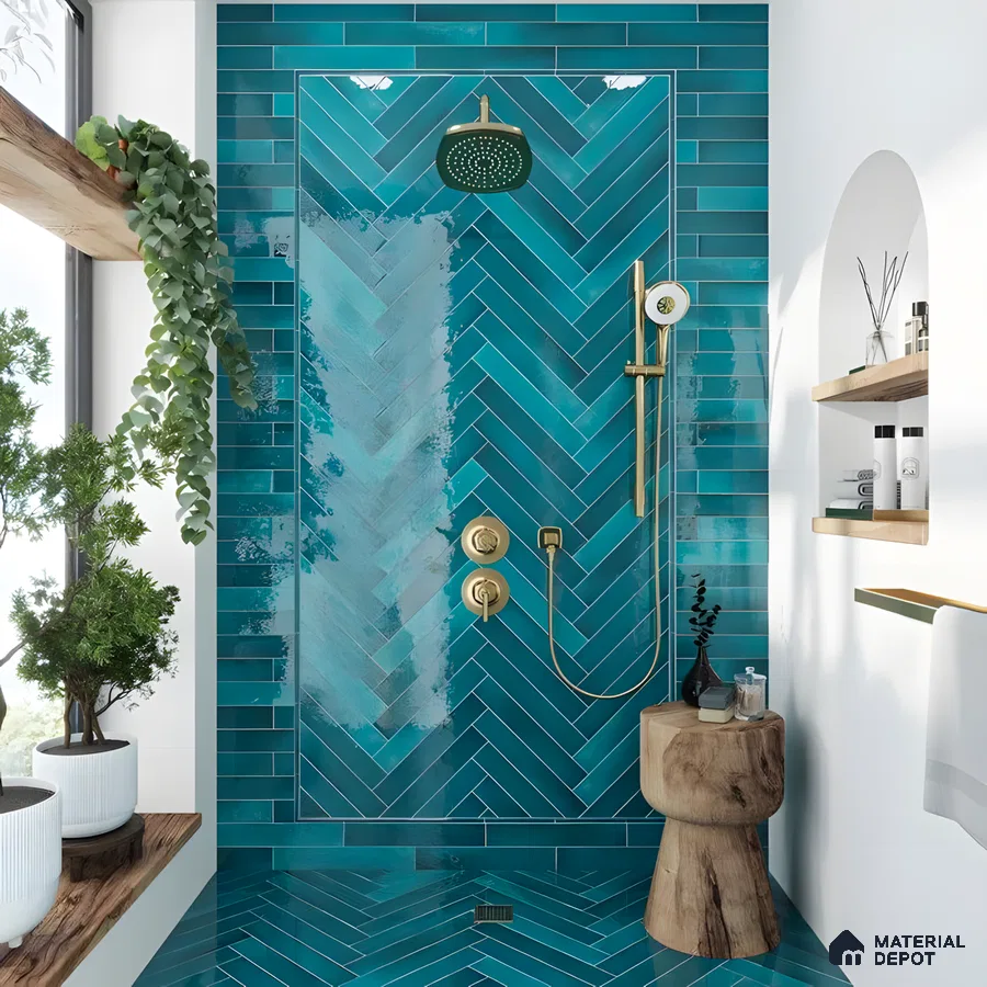 Modern Bathroom with Teal Herringbone Tiles | Material Depot