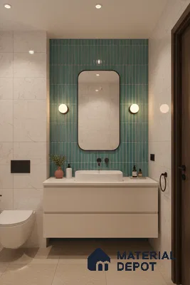 Modern bathroom with teal kitkat wall tiles and white marble-look wall tiles | Material Depot