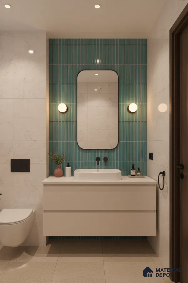 Modern bathroom with teal kitkat wall tiles and white marble-look wall tiles | Material Depot