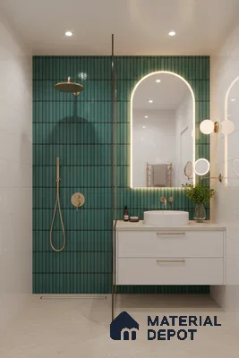 Modern bathroom with teal kitkat wall tiles, white floating vanity, and beige stone floor tiles | Material Depot