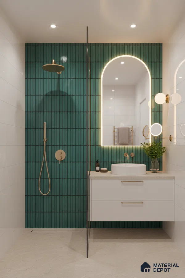 Modern bathroom with teal kitkat wall tiles, white floating vanity, and beige stone floor tiles | Material Depot
