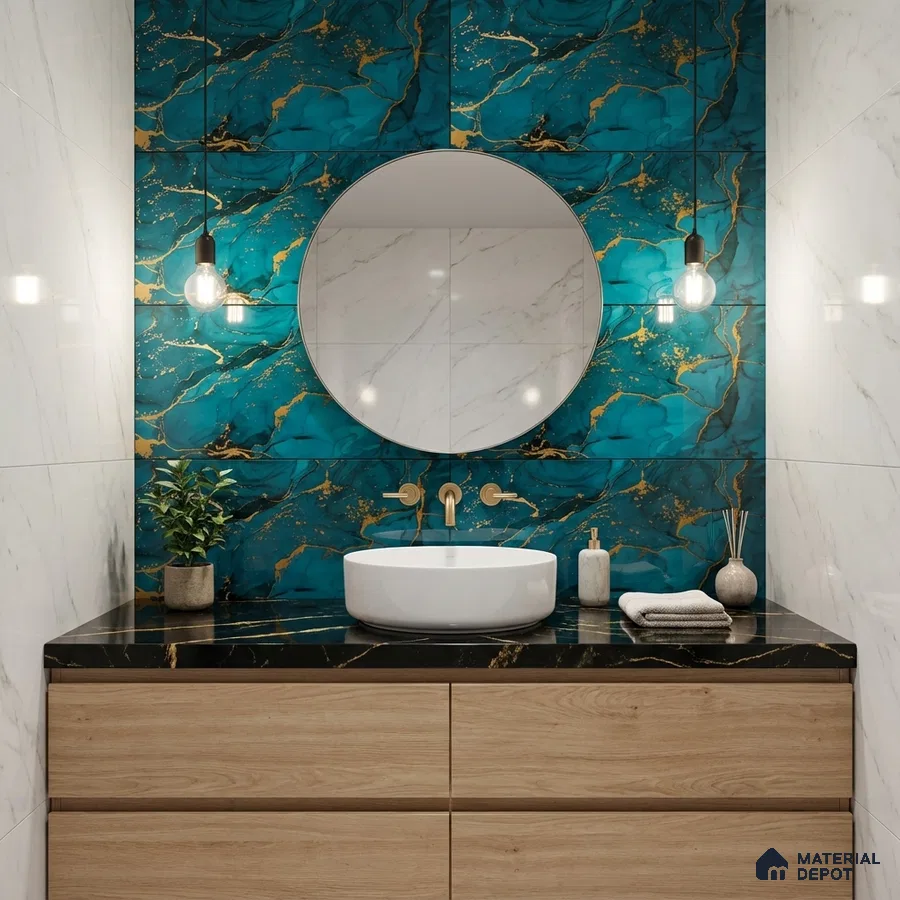 Modern bathroom with teal marble highlighter wall tile, white marble wall tile, and black marble countertop