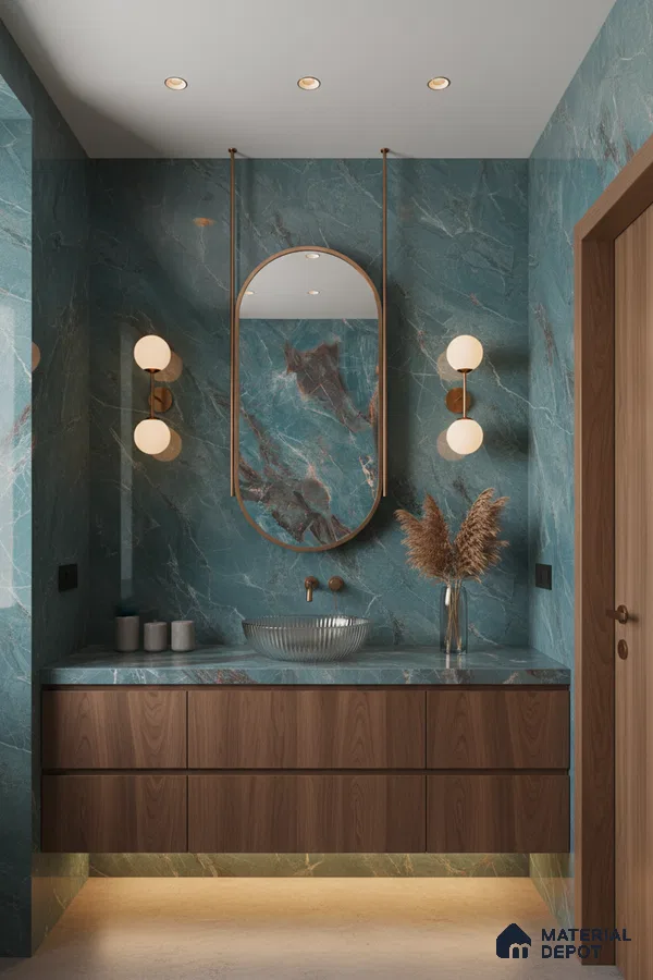 Modern bathroom with teal marble-look tiles and walnut wood vanity | Material Depot