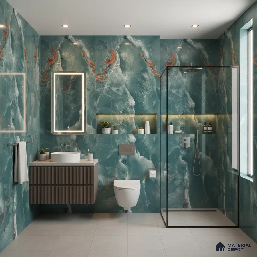 Modern bathroom with teal marble-look wall tiles and fluted wood vanity | Material Depot