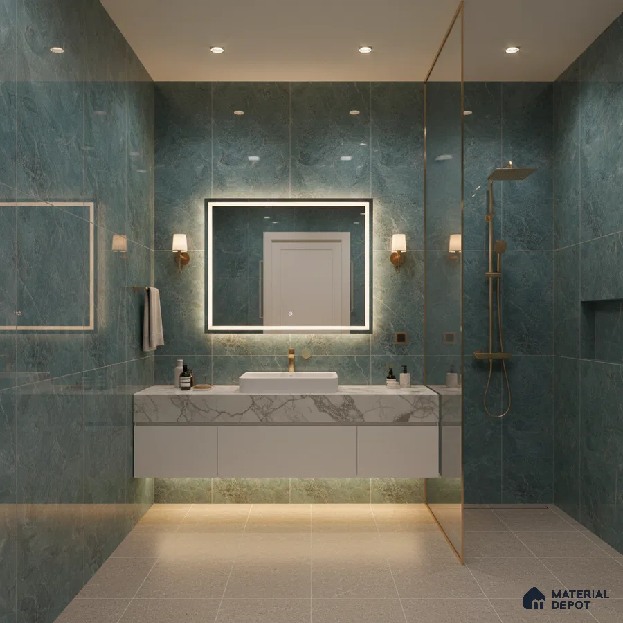 Modern bathroom with teal marble-look wall tiles and white marble vanity | Material Depot