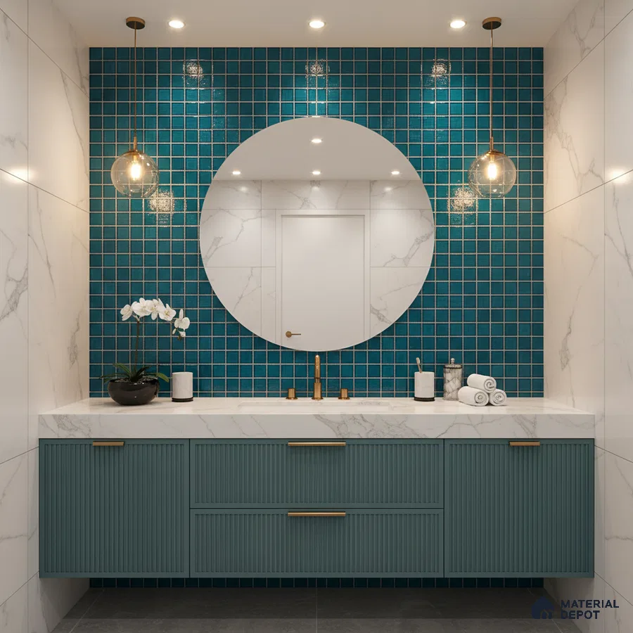 Modern bathroom with teal mosaic wall tiles, marble-look wall tiles, and fluted teal vanity laminate