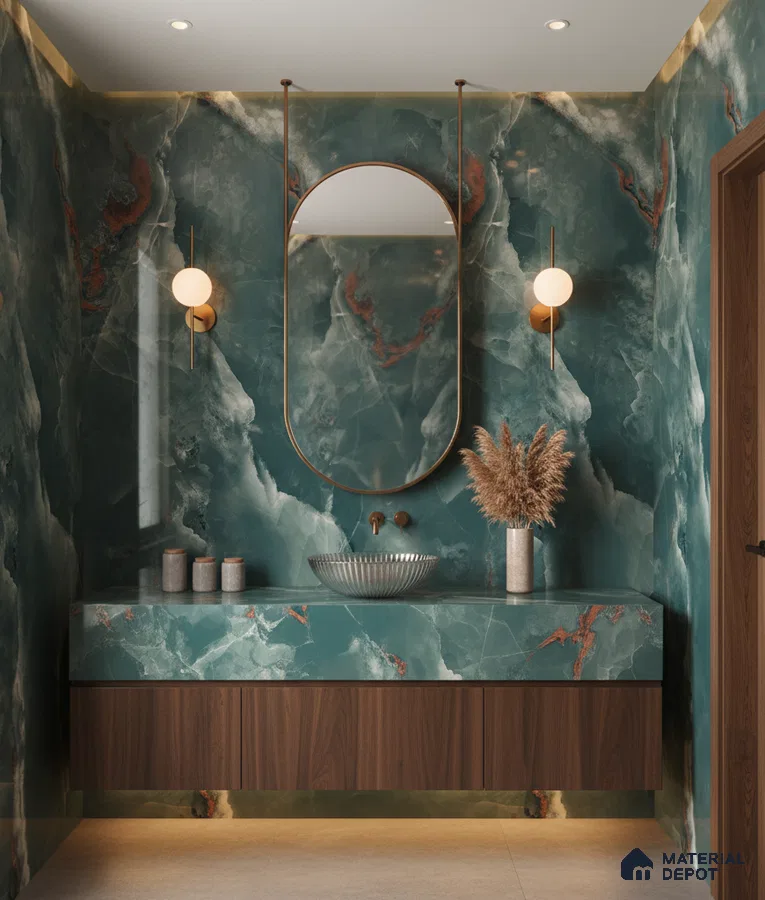 Modern bathroom with teal onyx marble-look wall tiles and walnut wood floating vanity | Material Depot