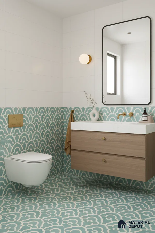 Modern bathroom with teal patterned moroccan tiles and light wood floating vanity in Bengaluru | Material Depot