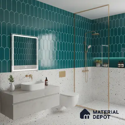 Modern bathroom with teal scallop wall tiles and terrazzo wall and floor tiles | Material Depot